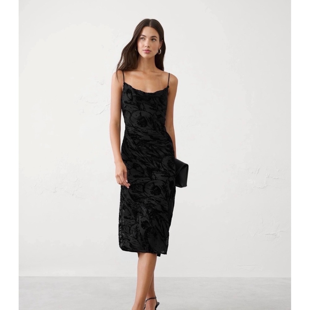 Banana Republic Dress Womens Grey Black Burnout Velvet Floral Cowl Neck Midi